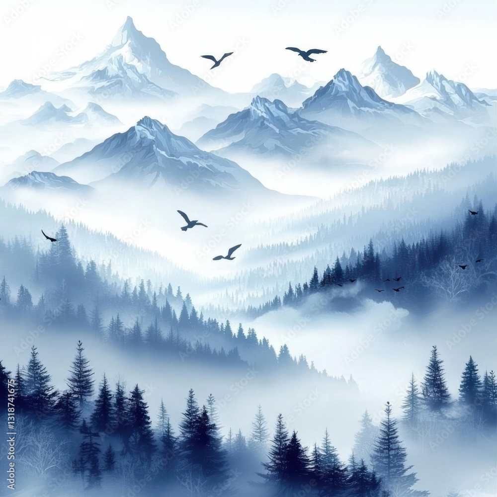 Fototapeta premium mountain, peaks, trees, birds, serene landscape, breathtaking beauty in nature.