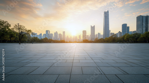 Modern city skyline at sunrise with empty plaza and tall skyscrapers in urban environment