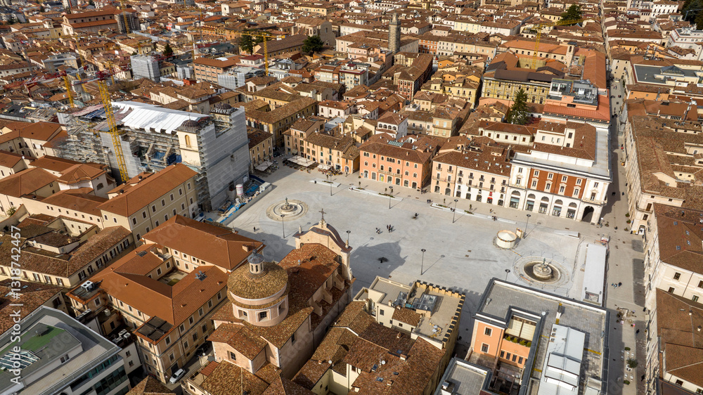 Fototapeta premium Aerial view of the Piazza del Duomo, also known as Piazza del Mercato. It is the largest and most important square in the historic center of L'Aquila, in Abruzzo, Italy.