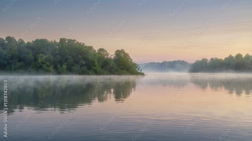 The water is calm and still, with a misty fog hovering over the trees The water is calm and still, with a misty fog hovering over the trees