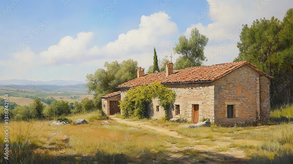 Obraz premium Serene landscape painting of a rustic stone house nestled in a sun-drenched Tuscan countryside, overlooking rolling hills under a bright sky.
