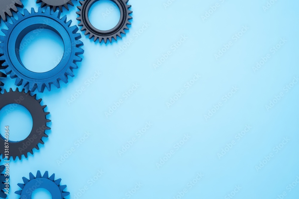 Multiple Spinning Gears in Unison on a Light Blue Background for Industrial and Mechanical Concepts Multiple Spinning Gears in Unison on a Light Blue Background for Industrial and Mechanical Concepts