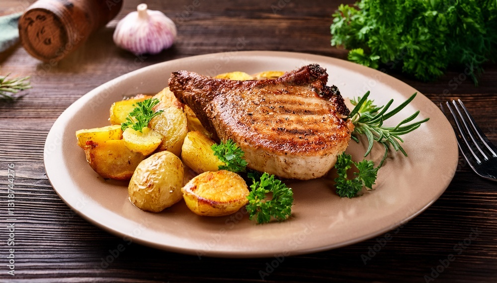 Grilled pork chop, roasted potatoes and herbs. Plate on wooden table, comfort food Grilled pork chop, roasted potatoes and herbs. Plate on wooden table, comfort food