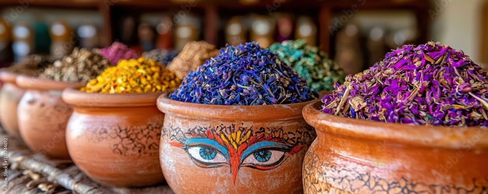 Fototapeta premium Explore a vibrant collection of dried roots and spices in rustic ceramic bowls, ideal for holistic health and wellness enthusiasts Discover the natural healing power of these earthy ingredients