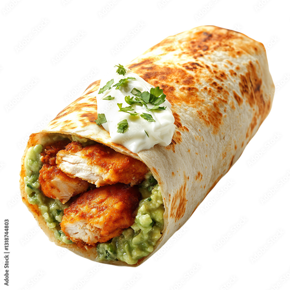 A Hot and Crispy Chicken Burrito with Sour Cream and Guacamole Isolated on Transparent Background A Hot and Crispy Chicken Burrito with Sour Cream and Guacamole Isolated on Transparent Background