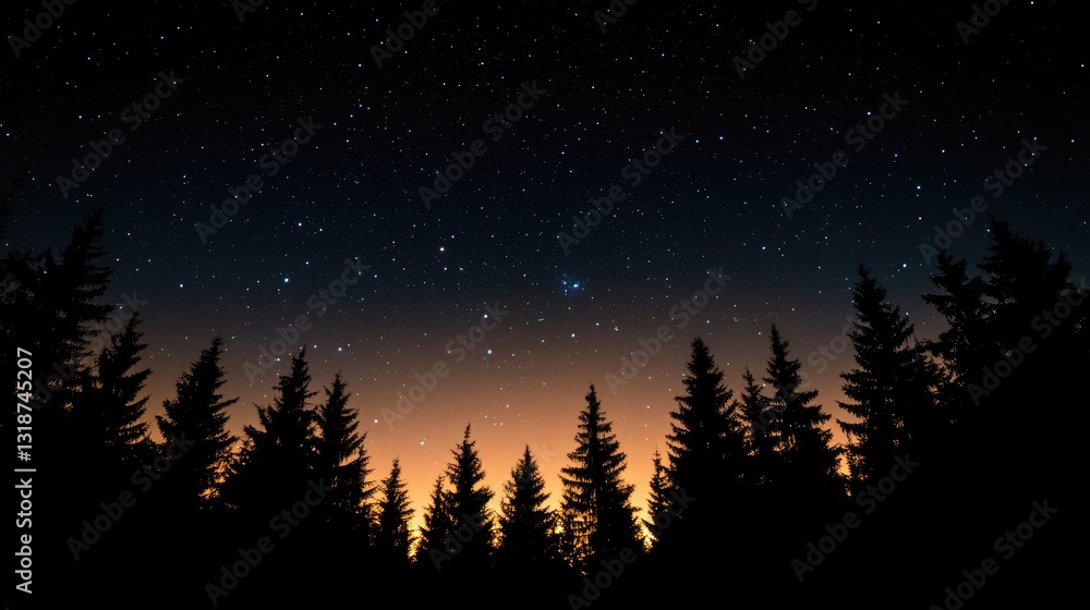 Fototapeta premium Starry night sky over silhouetted pine trees