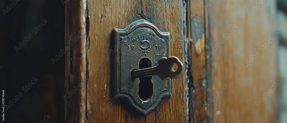 Old wooden door with metal keyhole and key inserted, weathered