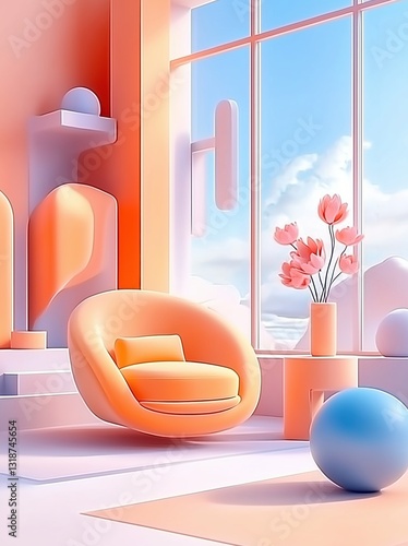 Modern Cozy Living Room with Soft Orange Chair, Sunlit Window, and Fresh Flowers
