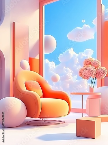Cozy Orange Armchair Relaxing by Modern Window with Soft Clouds and Fresh Flowers
