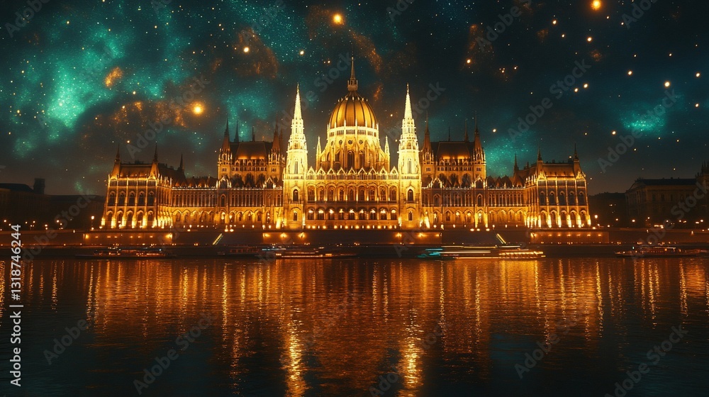 Obraz premium Ornate building lit golden against a night sky, reflected in the water below
