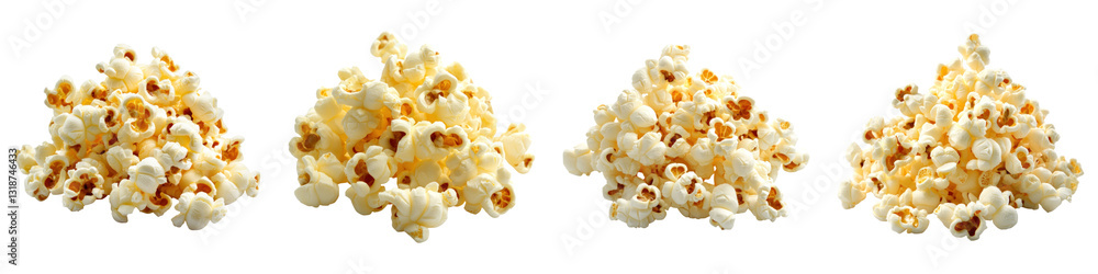Four piles of fluffy popcorn isolated on transparency background Four piles of fluffy popcorn isolated on transparency background