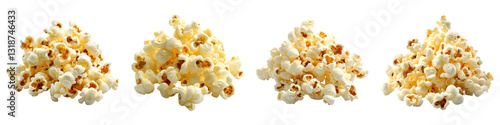 Four piles of fluffy popcorn isolated on transparency background