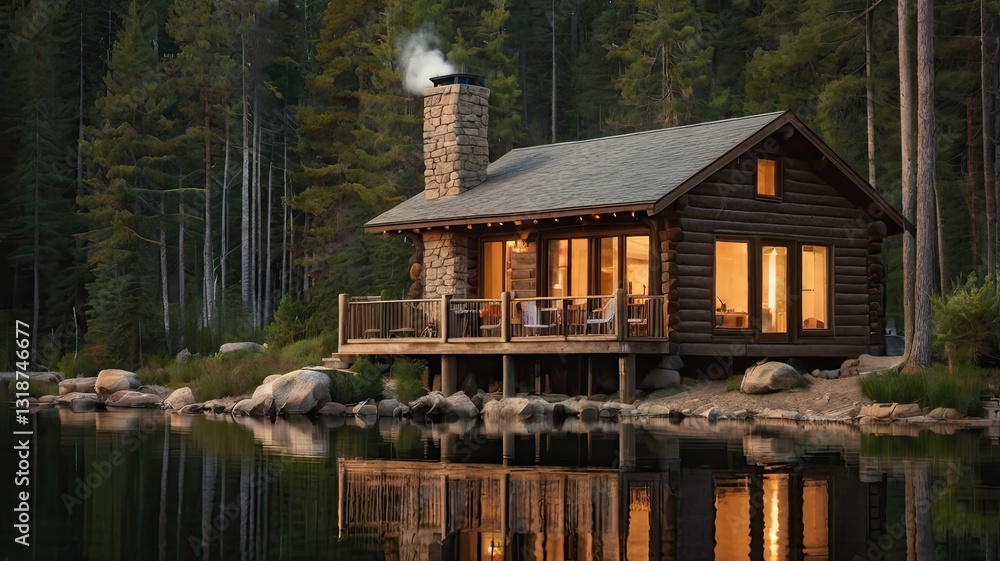 Fototapeta premium A log cabin with a chimney and a stone fireplace