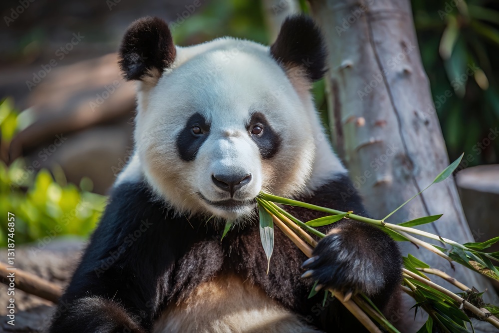 Fototapeta premium Panda's Bamboo Feast: A close-up capture of a giant panda, its black and white fur gleaming, contentedly munching on bamboo shoots, amidst the natural habitat. 