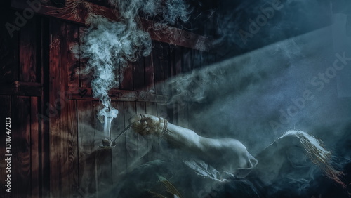Mysterious light streaming through an old window in a mountain hut at sunrise, the light shines on a woman holding incense