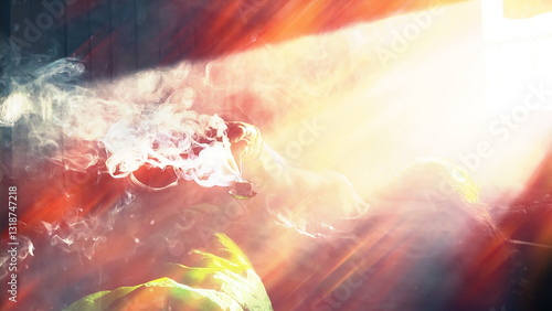 Woman with incense in her hand surrounded, magically enveloped in smoke and light.