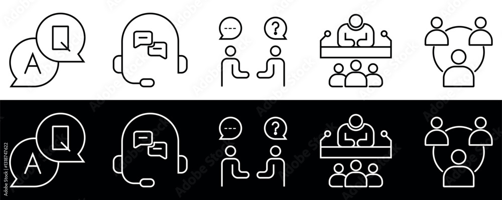 Customer Support and Communication Icons. Call Center, Consultation, and Business Interaction Symbols. Vector illustration isolated on black and white background. Customer Support and Communication Icons. Call Center, Consultation, and Business Interaction Symbols. Vector illustration isolated on black and white background.