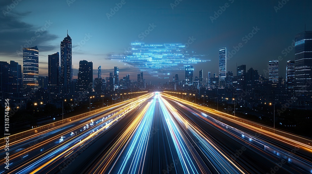 Futuristic neon lit cityscape featuring a skyline of ultra modern skyscrapers and a blurred highway with high speed traffic creating a dynamic and technologically advanced urban environment Futuristic neon lit cityscape featuring a skyline of ultra modern skyscrapers and a blurred highway with high speed traffic creating a dynamic and technologically advanced urban environment
