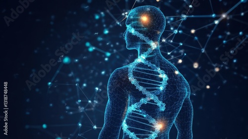 Human body silhouette made of DNA strands and molecular connections, representing biotechnology and futuristic medicine