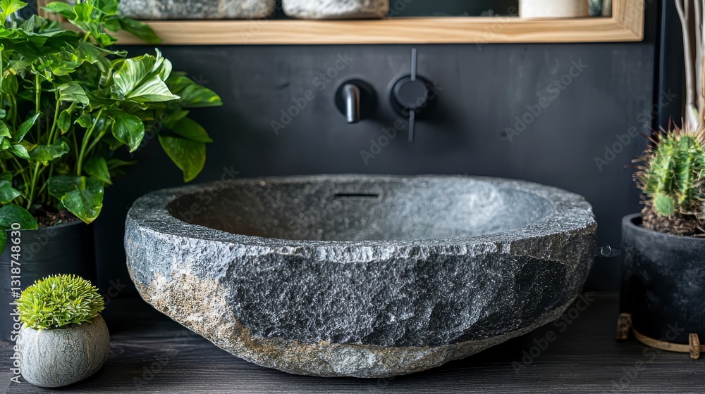 Natural Stone Sink Surrounded By Green Plants In A Modern Bathroom Setting With Elegant Decor Natural Stone Sink Surrounded By Green Plants In A Modern Bathroom Setting With Elegant Decor