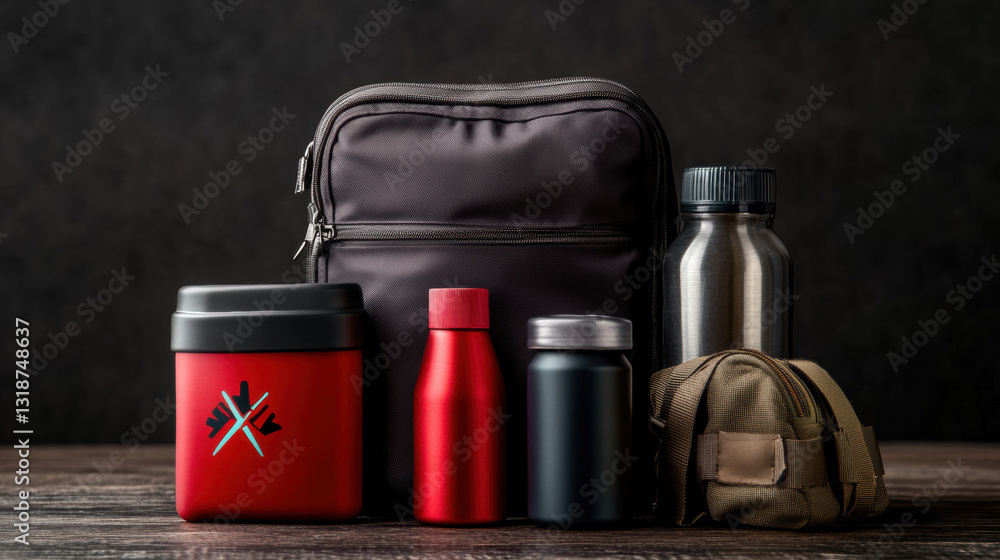 Fototapeta premium A collection of red and white cosmetic bottles, a cosmetic bag, and various containers in different shapes and colors including bottles, cans, and boxes