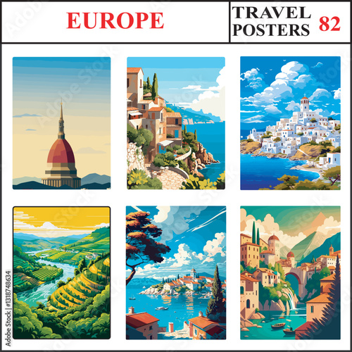 Europe Turin Mallorca Patmos Travel Poster Wall Art Print Collection Set Part 82