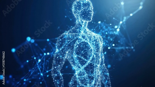Human body silhouette made of DNA strands and molecular connections, representing biotechnology and futuristic medicine