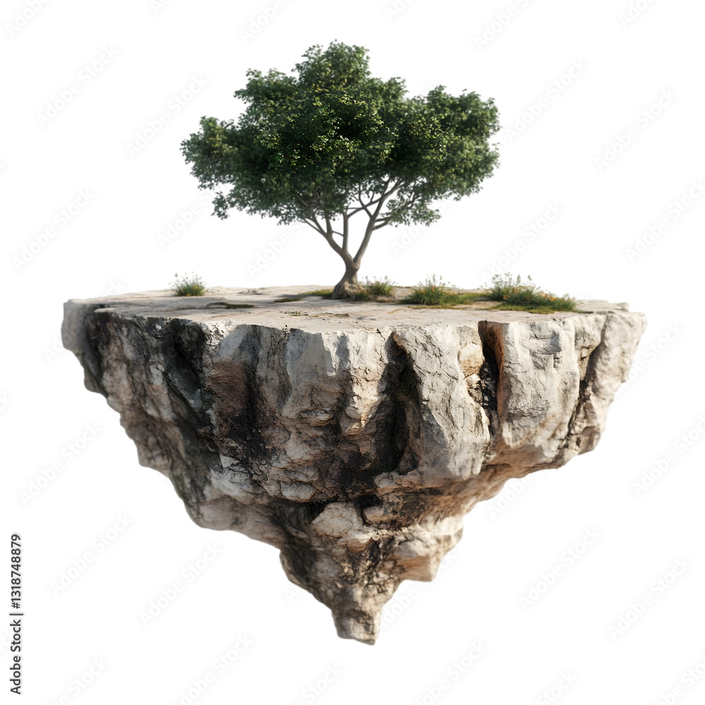 Obraz premium A floating island featuring a lush tree atop rugged terrain, symbolizing nature's resilience and beauty in an imaginative landscape.