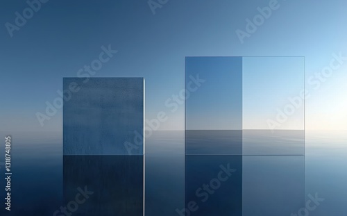 Reflective Cubes in a Tranquil Ocean Setting Under a Clear Blue Sky