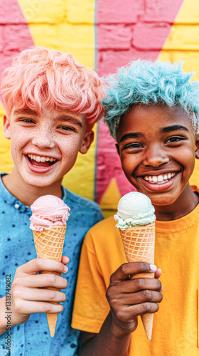 Two joyful kids enjoying colorful ice cream cones against a vibrant background.