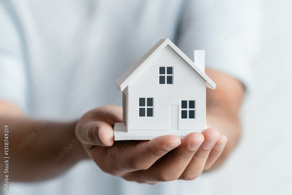 Young Businessman Holding a Rotating House Model in His Hands with a Soft Background Focus Young Businessman Holding a Rotating House Model in His Hands with a Soft Background Focus