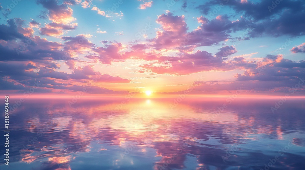 Fototapeta premium Pink sunset reflects off calm water; clouds fill blue sky