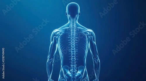 Human male body X-ray 3D illustration, transparent skeletal system, futuristic science and medicine concept, blue background