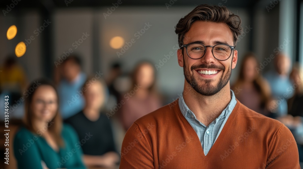 Man with glasses is smiling and posing for a picture. He is wearing an orange sweater and is surrounded by other people. Scene is happy and friendly, as the man is smiling and posing for the camera Man with glasses is smiling and posing for a picture. He is wearing an orange sweater and is surrounded by other people. Scene is happy and friendly, as the man is smiling and posing for the camera