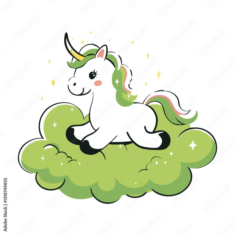 Vector illustration of a cute unicorn with green and pastel accents, joyfully prancing on a fluffy green cloud, surrounded by sparkles in a whimsical, magical theme. Vector illustration of a cute unicorn with green and pastel accents, joyfully prancing on a fluffy green cloud, surrounded by sparkles in a whimsical, magical theme.
