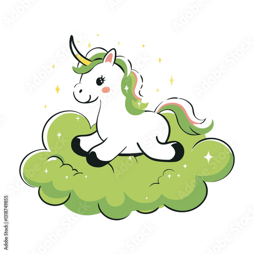 Vector illustration of a cute unicorn with green and pastel accents, joyfully prancing on a fluffy green cloud, surrounded by sparkles in a whimsical, magical theme.