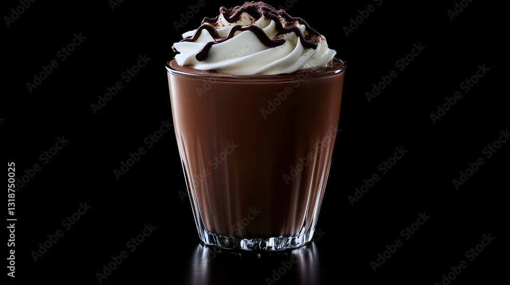 Luxurious hot chocolate with whipped cream and chocolate drizzle on black background Luxurious hot chocolate with whipped cream and chocolate drizzle on black background