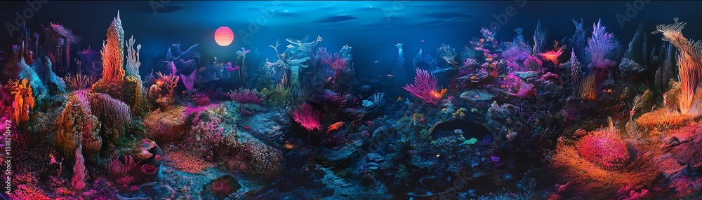 Fototapeta premium Vibrant underwater scene with colorful coral reefs, fish, and a mysterious moonlit glow. Perfect for fantasy, ocean, or marine-themed projects.