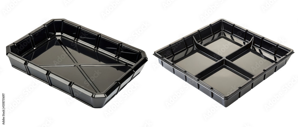 Two black plastic serving trays on a transparent background Two black plastic serving trays on a transparent background