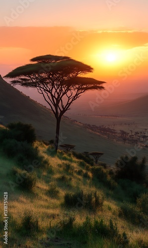 African Acacia Tree Silhouette at Sunrise in Serengeti National Park