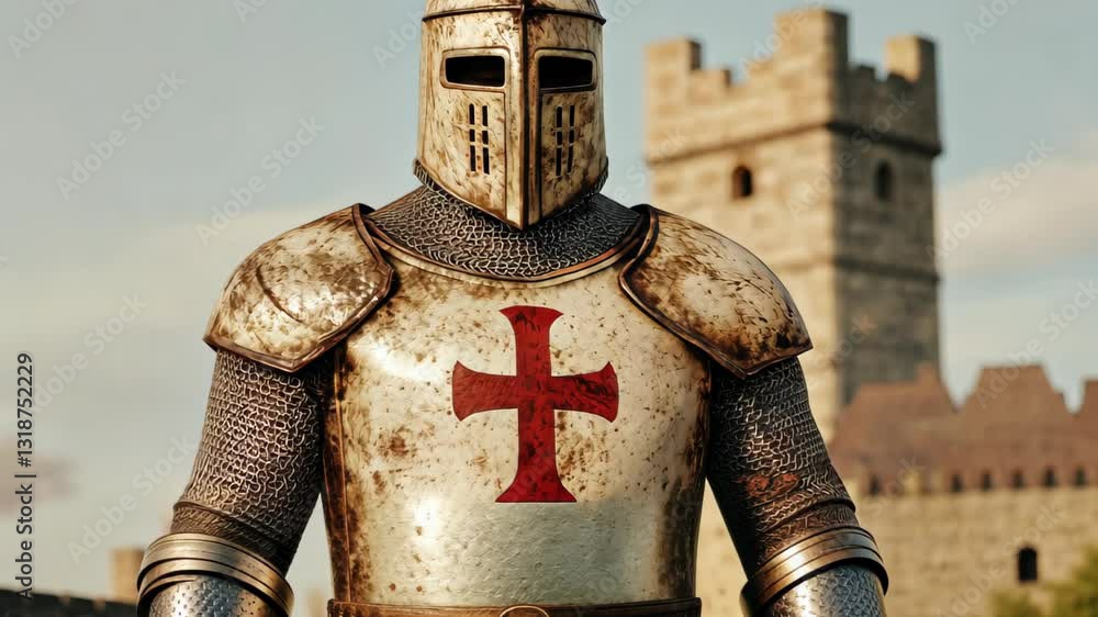 Medieval Holy Knight in Armor with Cross Symbol, Standing in Front of Historic Castle Tower During Daytime, Emphasizing Historical Warfare, Chivalry, and Classic Medieval Imagery Medieval Holy Knight in Armor with Cross Symbol, Standing in Front of Historic Castle Tower During Daytime, Emphasizing Historical Warfare, Chivalry, and Classic Medieval Imagery