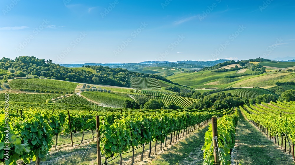 Fototapeta premium Rows of grapevines in a vineyard with rolling hills in the background.