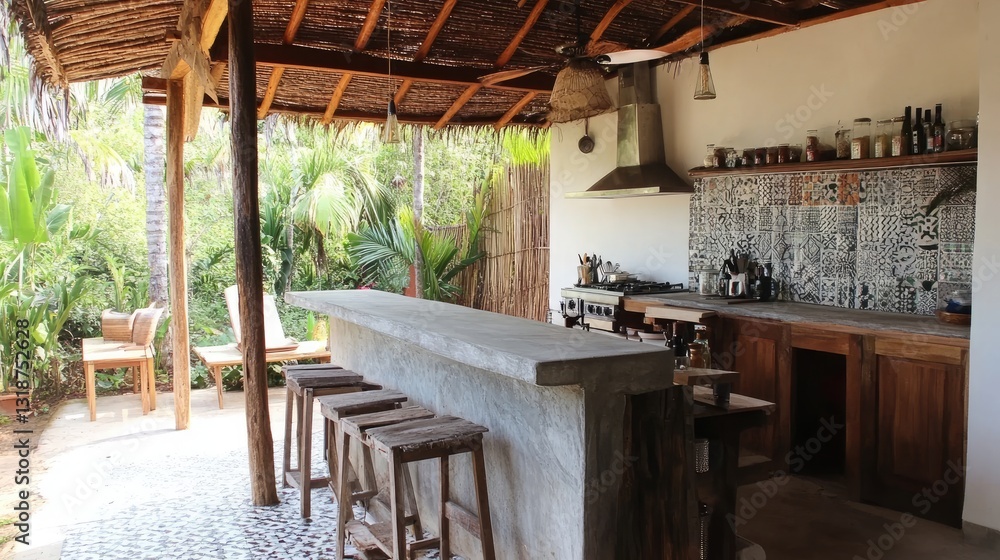 Fototapeta premium A backyard kitchen with a wooden roof frame, natural lighting, and an exposed cement counter.