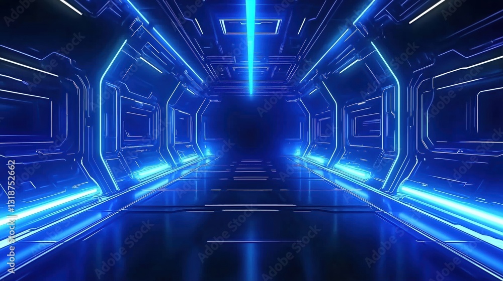 Luminous Futuristic Corridor with Blue Neon Lights and Sleek Metallic Walls Evoking a Sense of Mystery