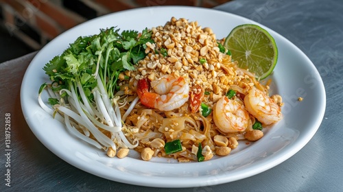 A perfectly cooked Thai pad thai with shrimp, peanuts, lime, and fresh bean sprouts on a white plate.