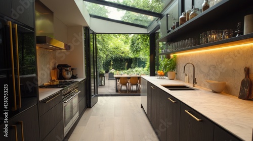 A beautifully designed kitchen extension featuring a translucent acrylic roof and stylish flooring.