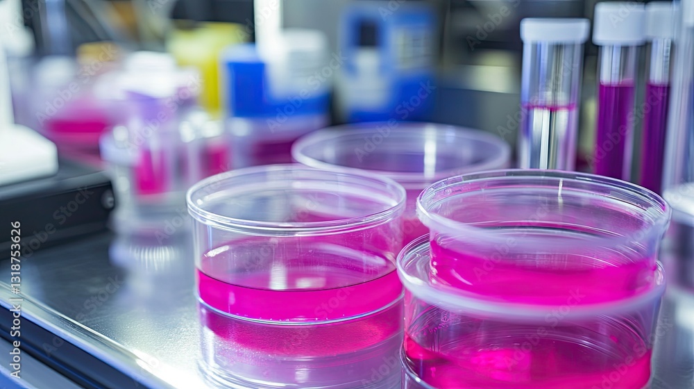 A bioengineering lab displaying petri dishes with bacteria strains designed to digest plastic. A bioengineering lab displaying petri dishes with bacteria strains designed to digest plastic.