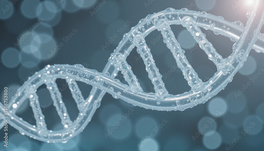 Transparent DNA strand with crystalline texture reflecting cool shades, scientific precision Transparent DNA strand with crystalline texture reflecting cool shades, scientific precision