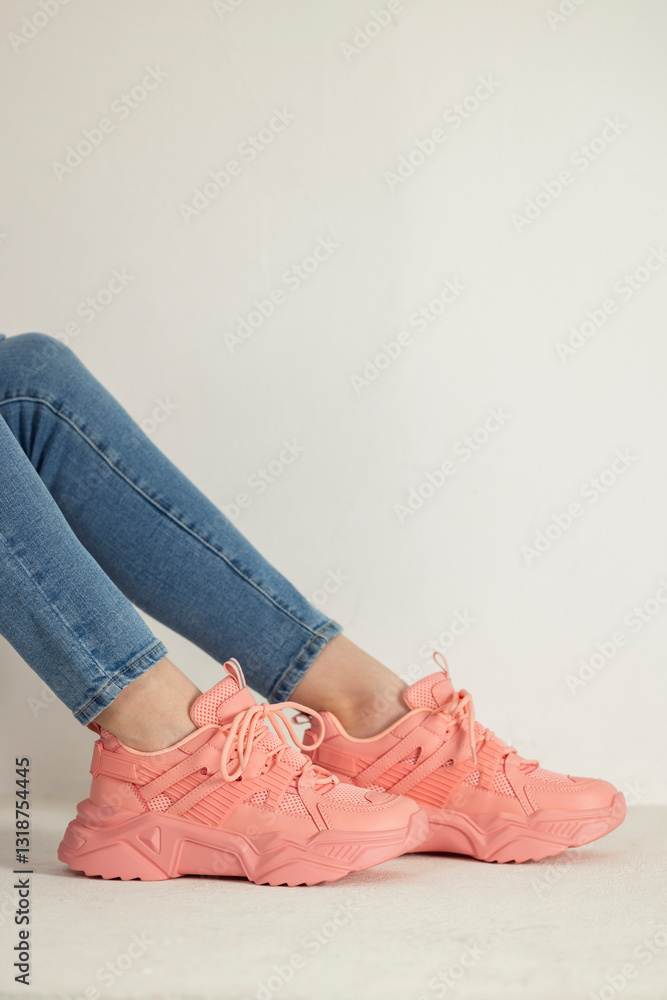 detail of sitting woman wearing pink trainers and jeans
