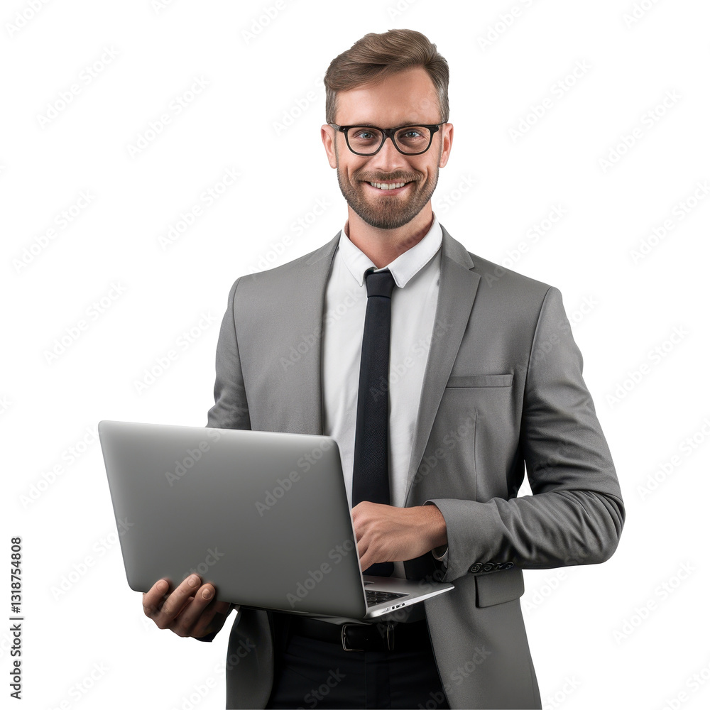 man wearing a suit and tie is holding a laptop isolated on transparent background man wearing a suit and tie is holding a laptop isolated on transparent background